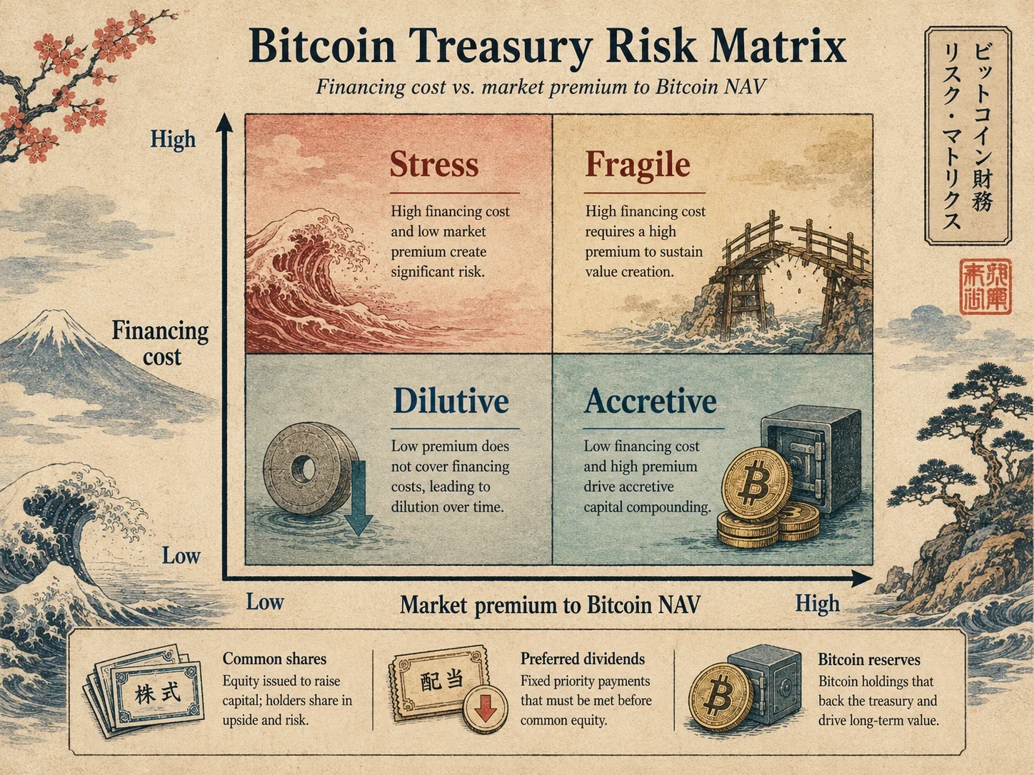 Risk matrix showing when Strategy's Bitcoin treasury model may be accretive or dilutive.