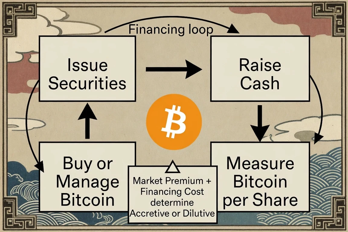 Diagram of Strategy's financing loop from securities issuance to Bitcoin purchases and BTC-per-share measurement.