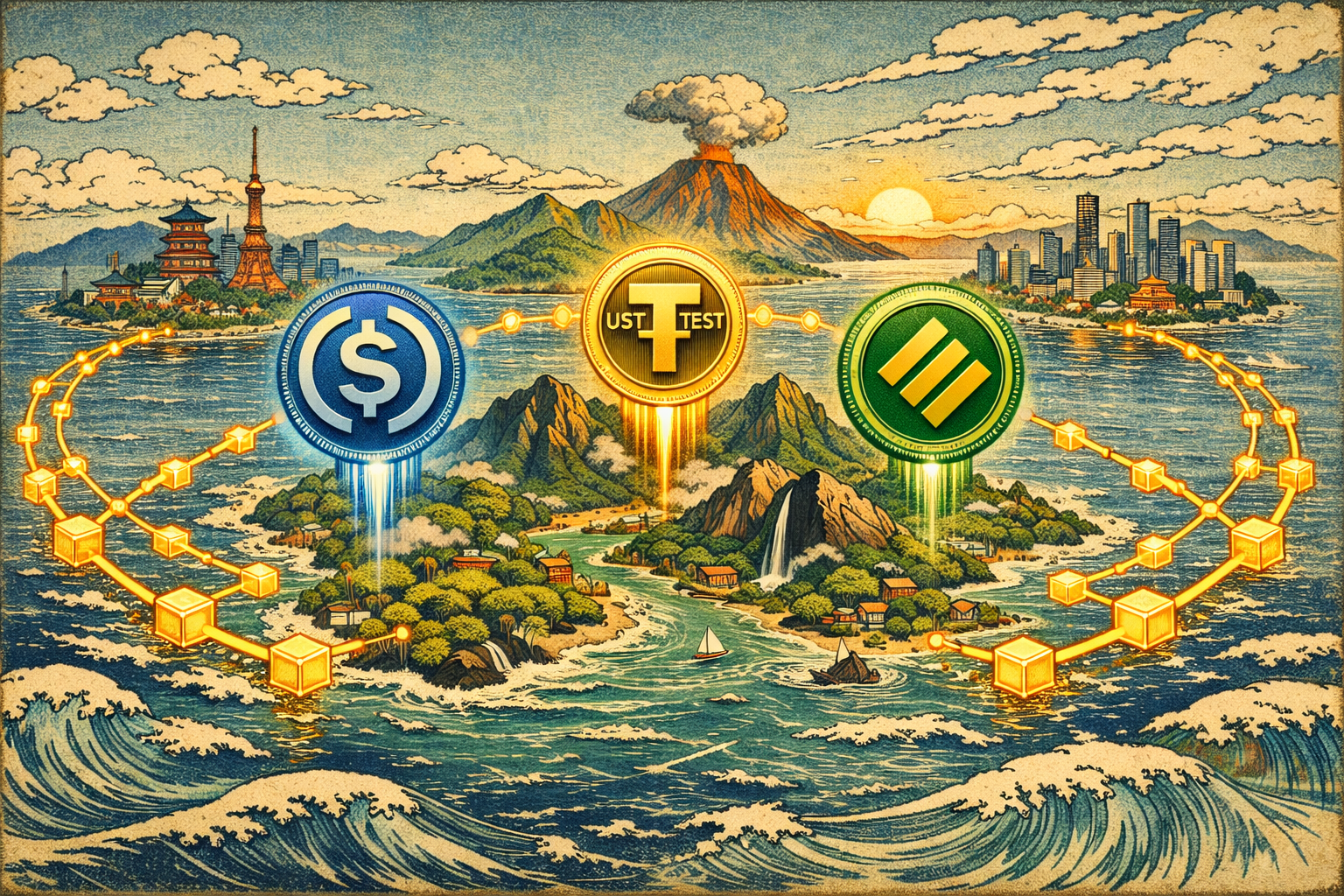 Illustration of people working on laptops along a Hawaiian beach at sunset, with floating blockchain and cryptocurrency symbols overhead, representing community adoption of crypto and fintech in Hawaii.