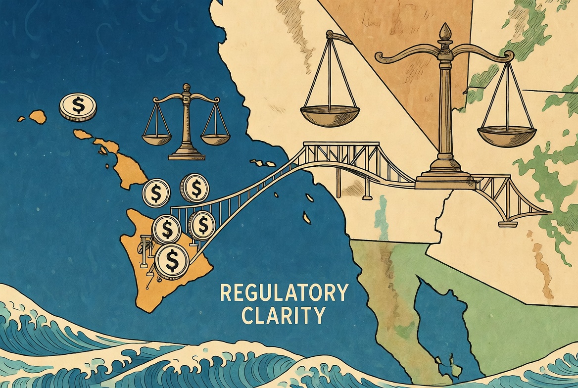 Illustrated map of the United States highlighting Hawaii connected to the mainland by a bridge symbolizing regulatory clarity, with scales of justice and dollar icons representing crypto regulation and financial integration.