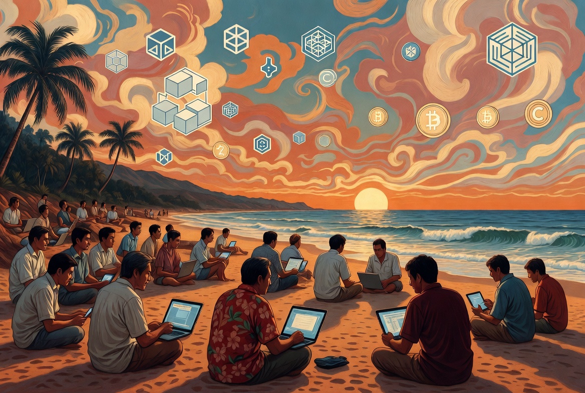 Hokusai-inspired illustration of a Hawaiian island surrounded by waves and glowing blockchain connections, with digital coin symbols representing stablecoins, cross-border payments, and Hawaii’s role in global crypto finance.