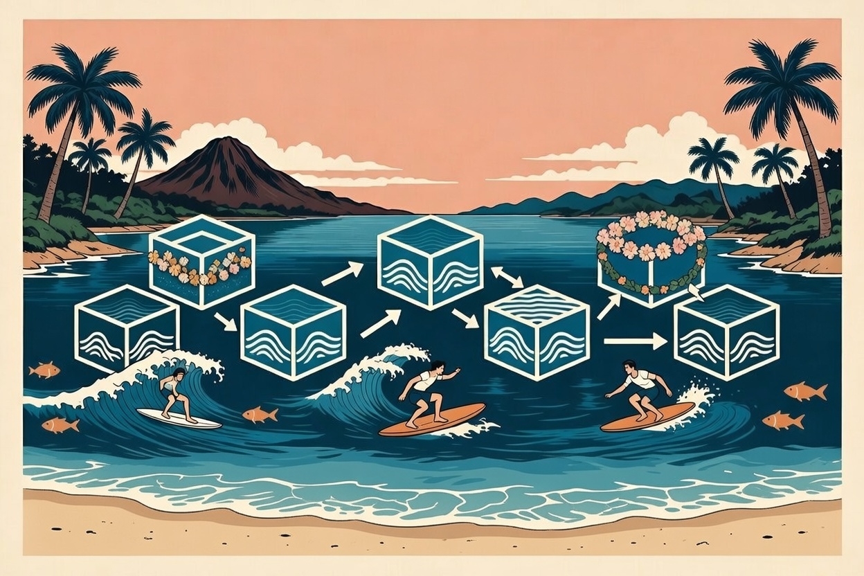 Illustrated map of the United States highlighting Hawaii connected to the mainland by a bridge symbolizing regulatory clarity, with scales of justice and dollar icons representing crypto regulation and financial integration.