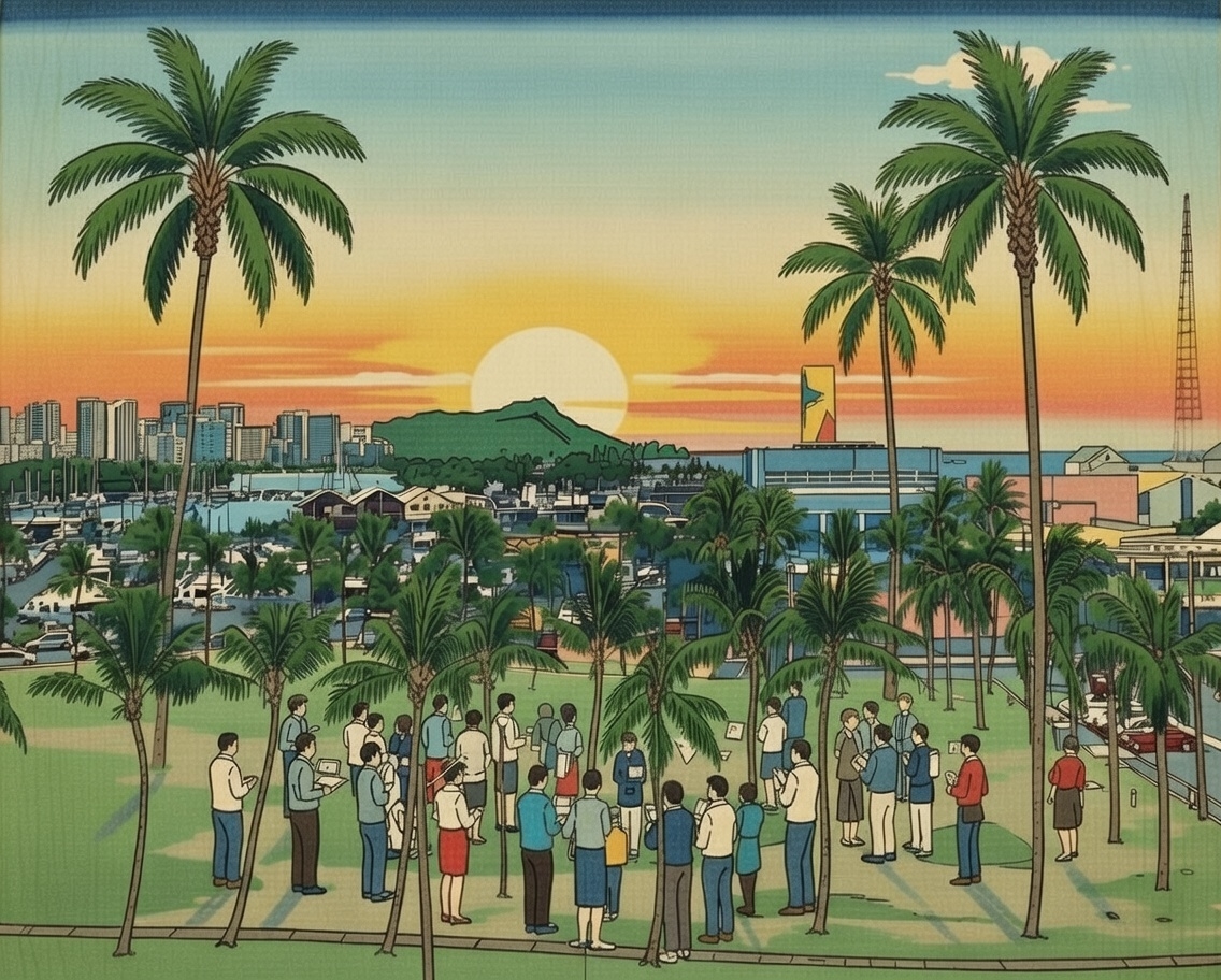 Global fintech scene with Hawaii at the center, showing blockchain chains linking to world icons like the Eiffel Tower and Tokyo skyline, incorporating elements of tokenization like digital real estate tokens, in an engaging, futuristic yet approachable design.