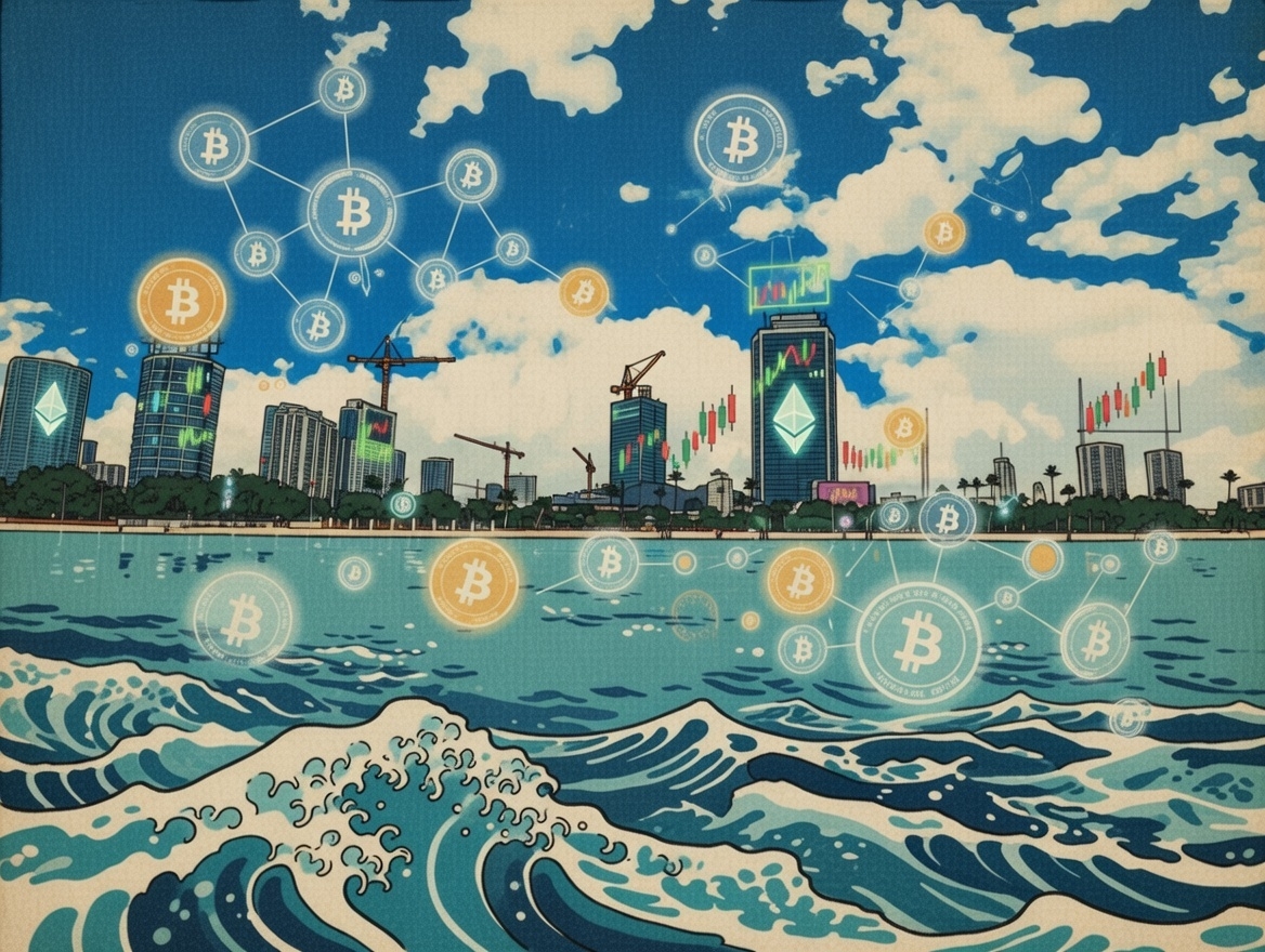 Vibrant illustration of the Hawaiian islands with glowing blockchain networks connecting them, featuring elements like palm trees, ocean waves, and digital currency symbols like Bitcoin, in a style that's educational and inviting for beginners.