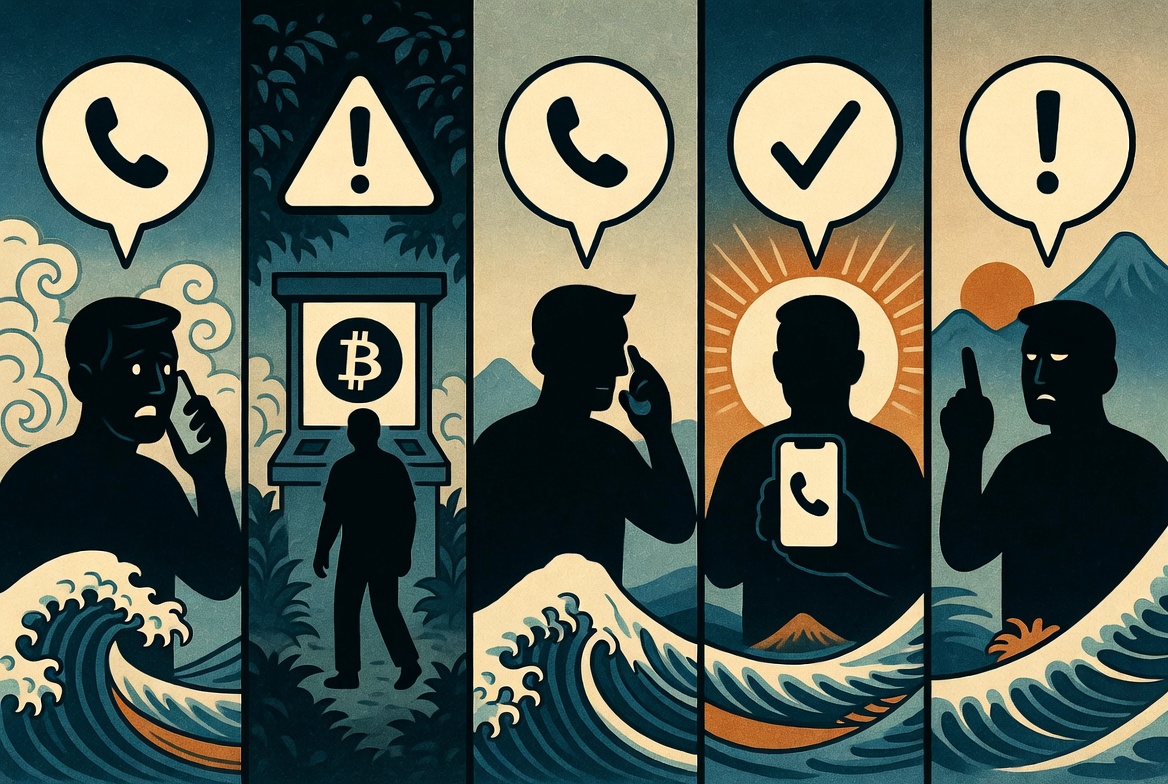 Visual checklist for stopping and verifying a suspicious crypto kiosk payment request.